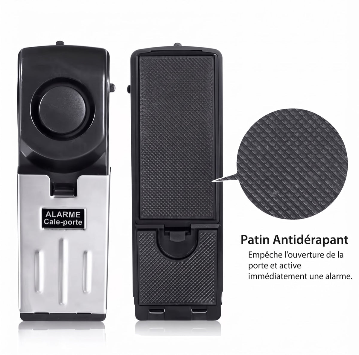 Cale-porte alarme — dessus et dessous, patin antidérapant