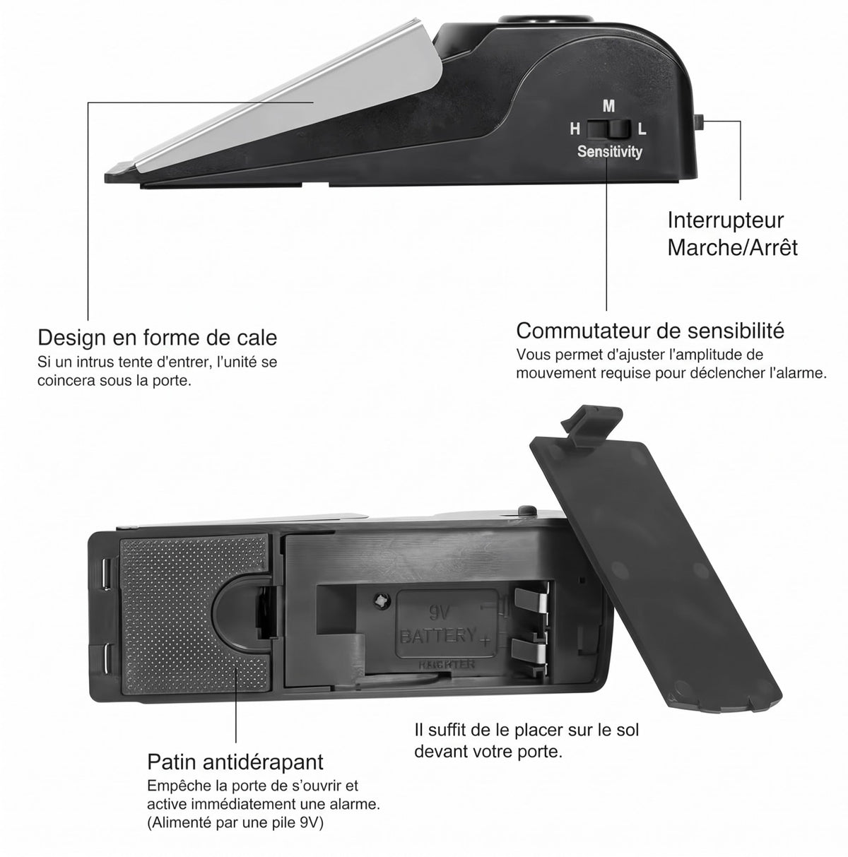 Cale-porte alarme — profil, sensibilité réglable et compartiment pile 9V